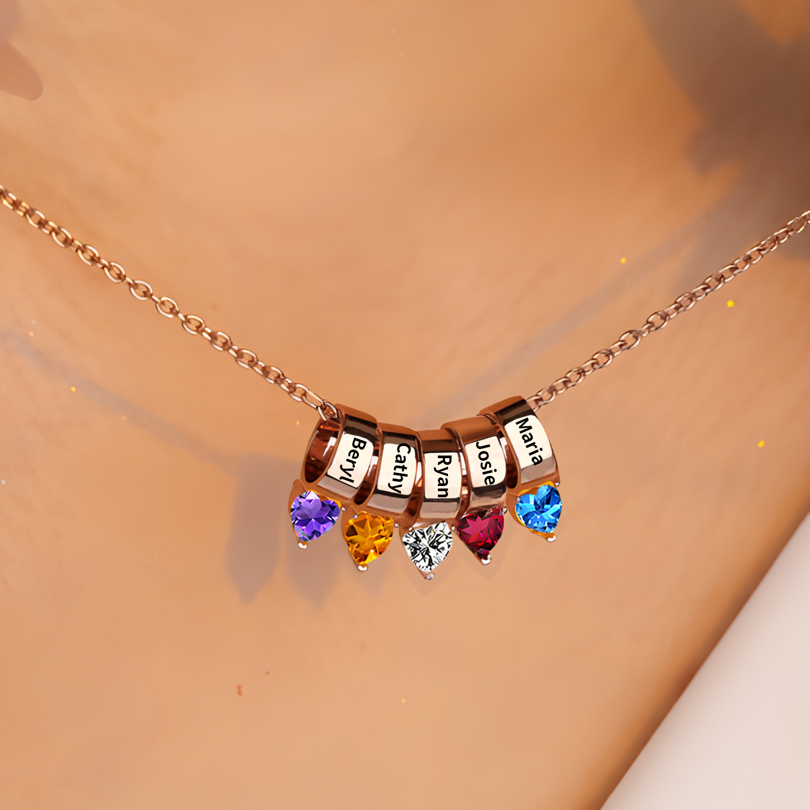 5 Names - Personalized Link Pendant Necklace with Customized Name and Birthstone Gift for Her