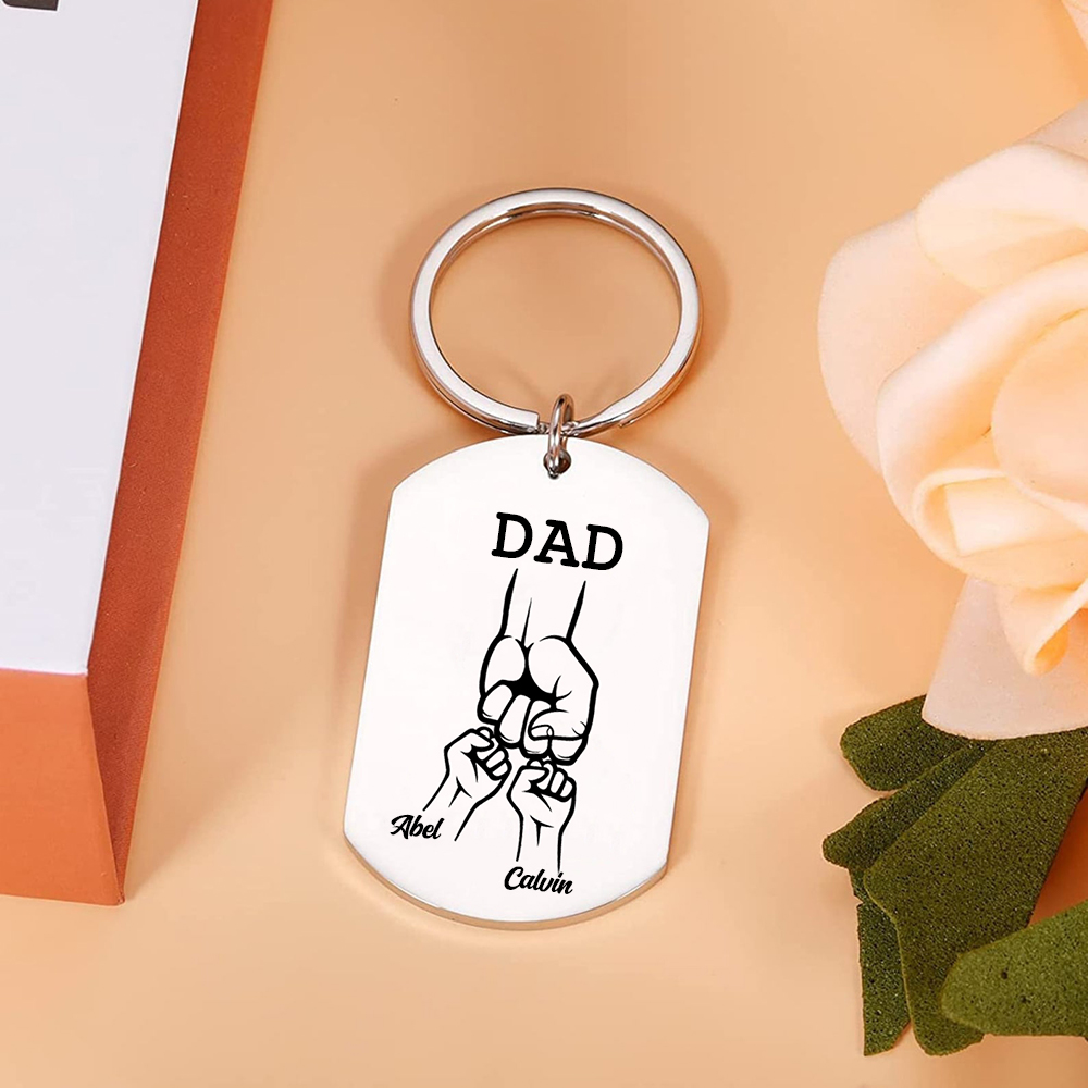 2 Names - Personalized Fist Pendant Keychain Gift Set - Customized Photo Special Gift for Dad