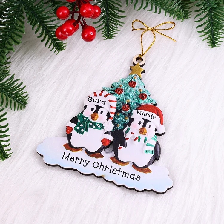 9 Names-Personalized Family Wooden Christmas Ornament-Custom 8 Names Hanging Ornament Gifts For Family-Winter Penguin Family