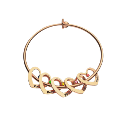 2 Names-Personalized Heart Bangle With 2 Names and Birthstones Bangle Bracelet Gifts For women