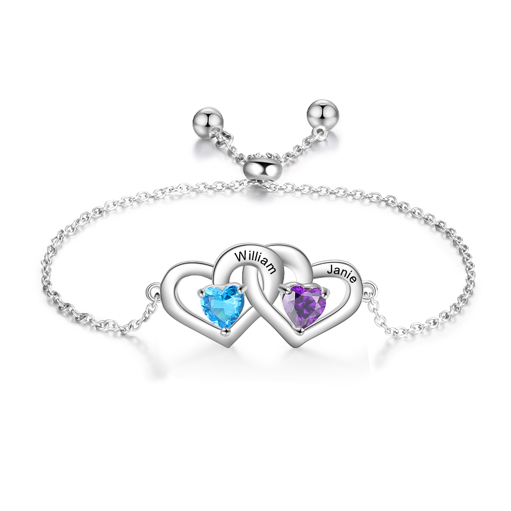Personalized Heart Bracelet With 2 Birthstones Engraved Names Bracelet Gift For Women