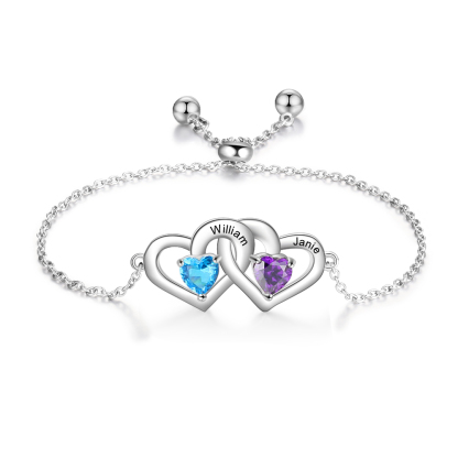 Personalized Heart Bracelet With 2 Birthstones Engraved Names Bracelet Gift For Women