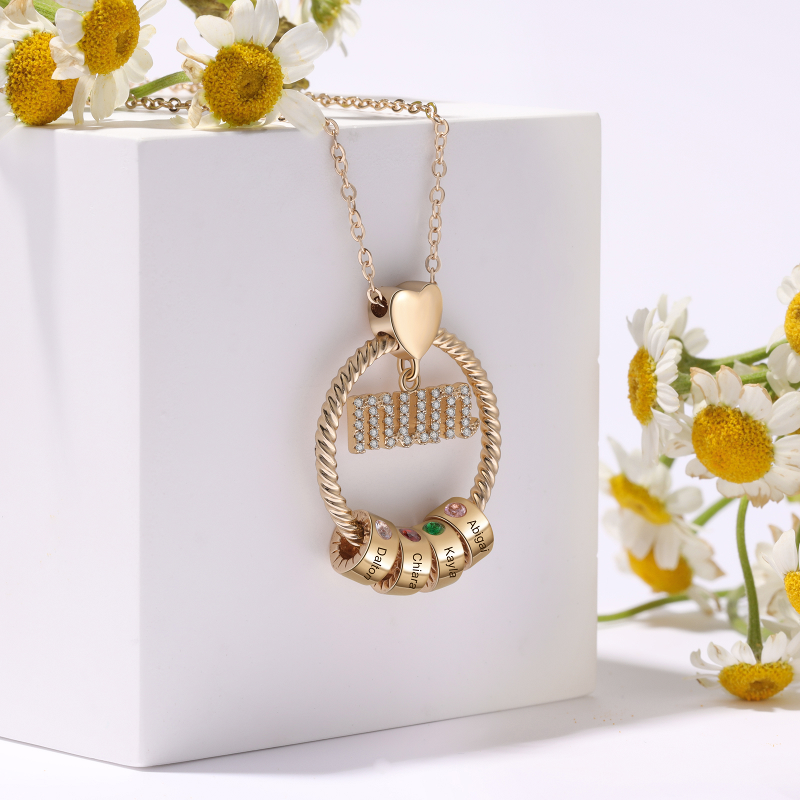 Personalized Circle Necklace With 4 Birthstones Pendant Engraved Names Gift For Mum