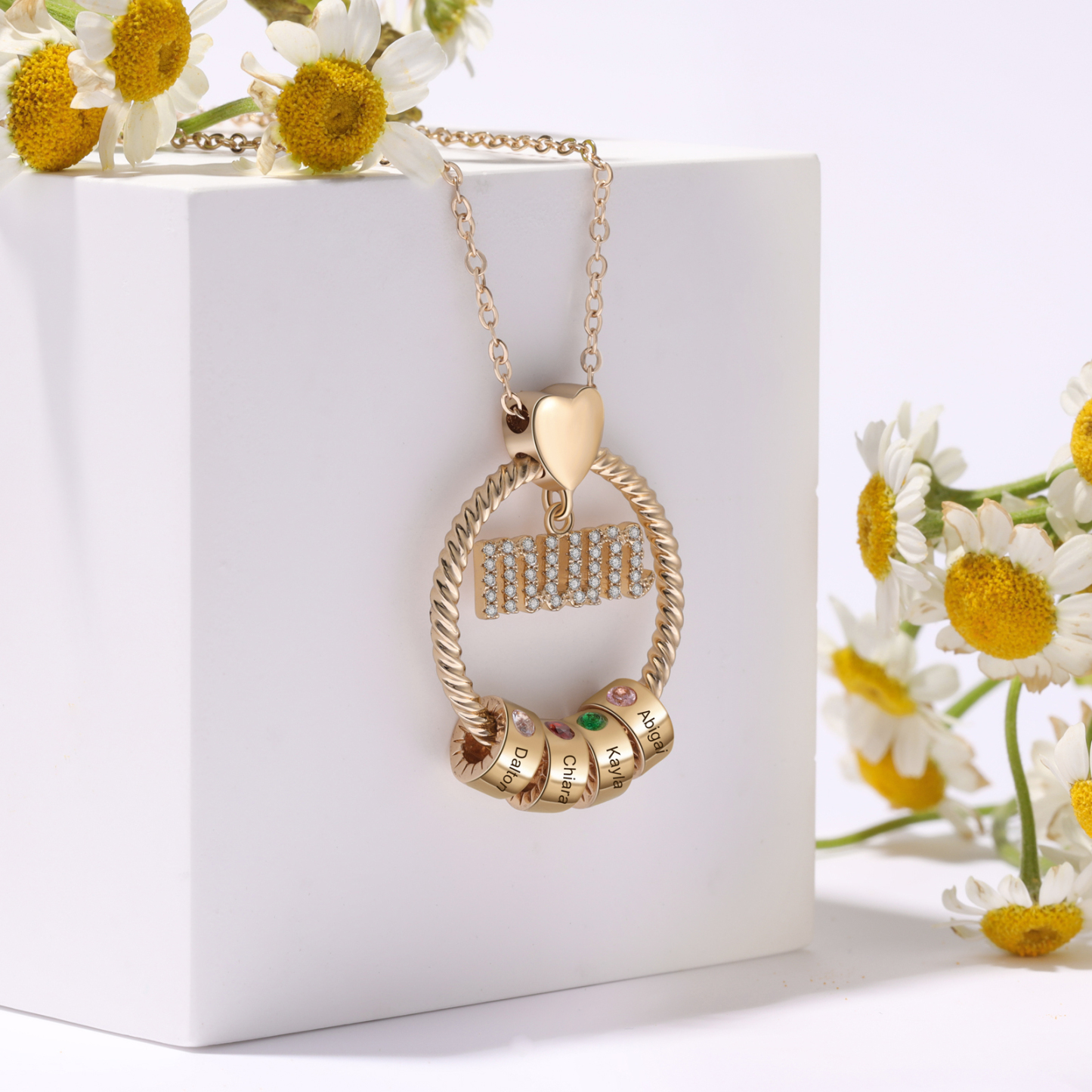 Personalized Circle Necklace With 4 Birthstones Pendant Engraved Names Gift For Mum