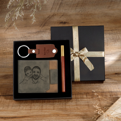 Photo Personalized Leather Wallet Gift Box Set with Keychain Customizable Letter Name Wallet Gift for Him