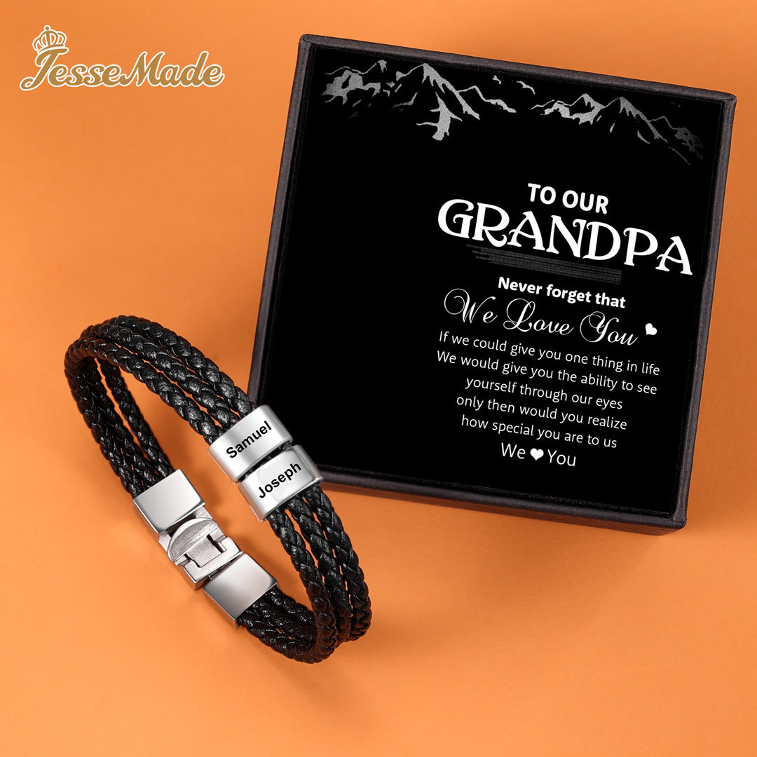 Personalized Braided Leather Bracelet Engraved 2 Names Men's Bracelet Gifts For Him