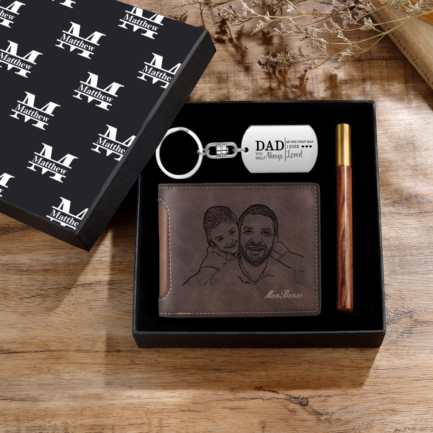 Personalized Leather Wallet Gift Box Set with Keychain Customizable Photo and Text Wallet Gift for Dad
