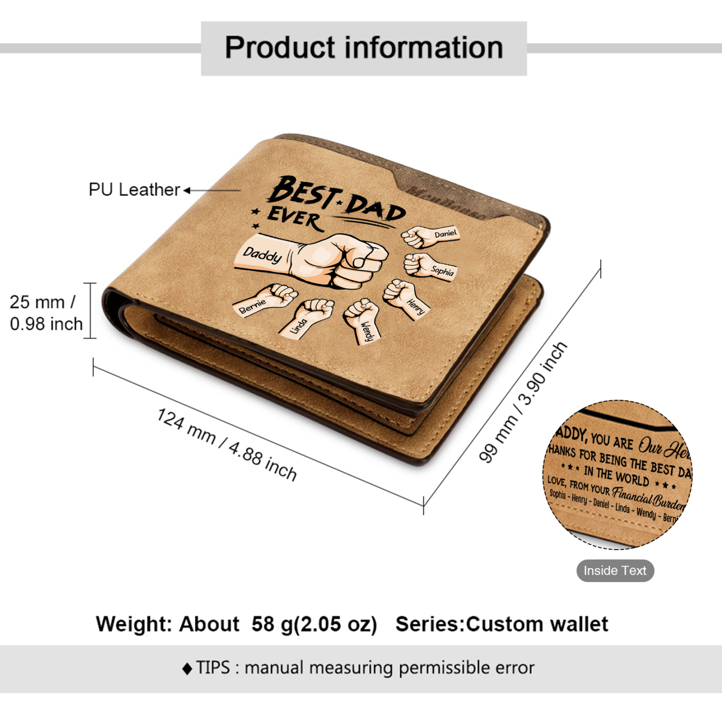 7 Names - Personalized Fist Bump Pattern Custom Text Leather Men's Wallet as a Father's Day Gift for Dad