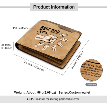 7 Names - Personalized Fist Bump Pattern Custom Text Leather Men's Wallet as a Father's Day Gift for Dad