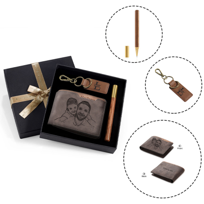 Photo Personalized Leather Wallet Gift Box Set with Keychain Customizable Letter Name Wallet Gift for Him