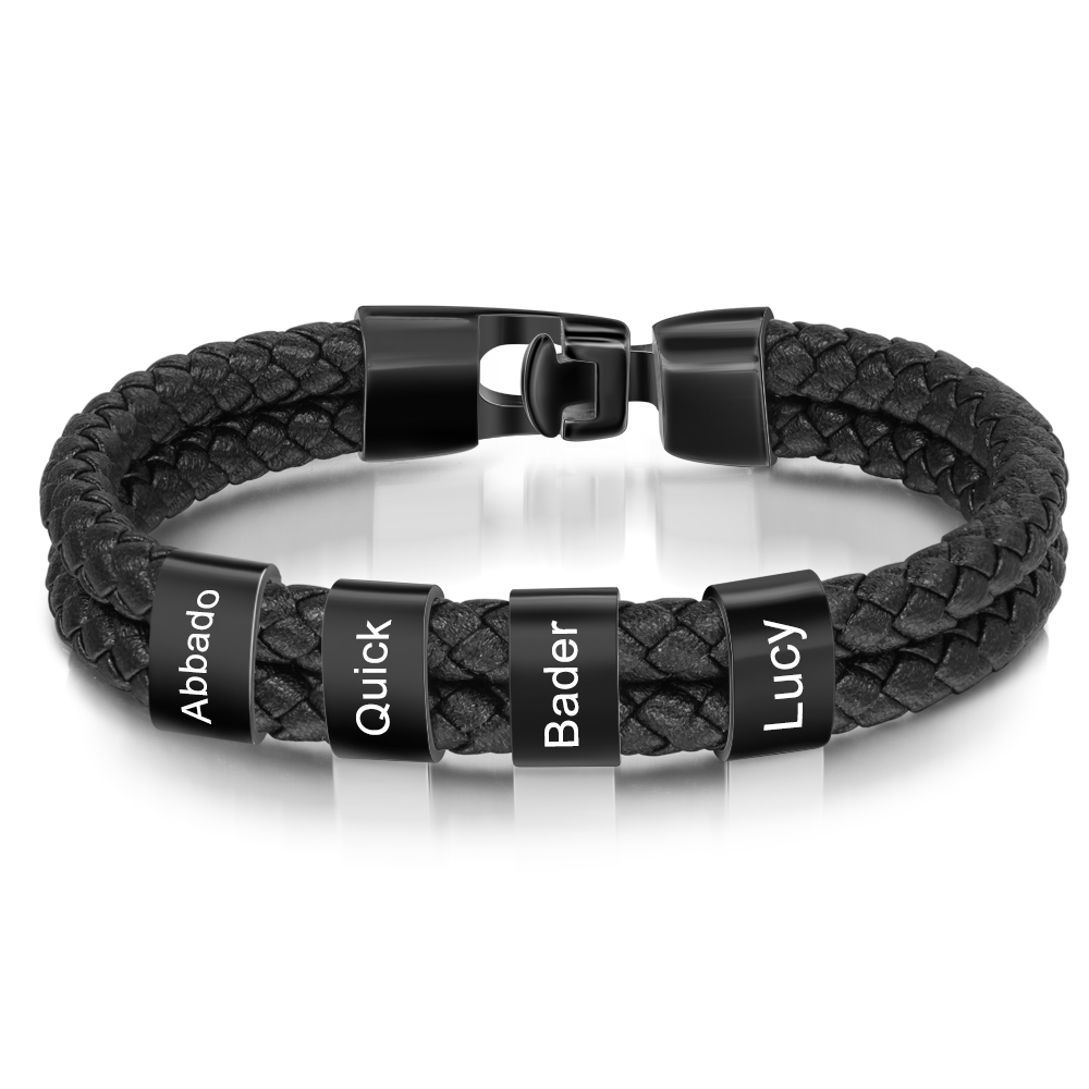 Personalized Braided Leather Bracelet Engraved 4 Names Men's Bracelet Gifts For Him