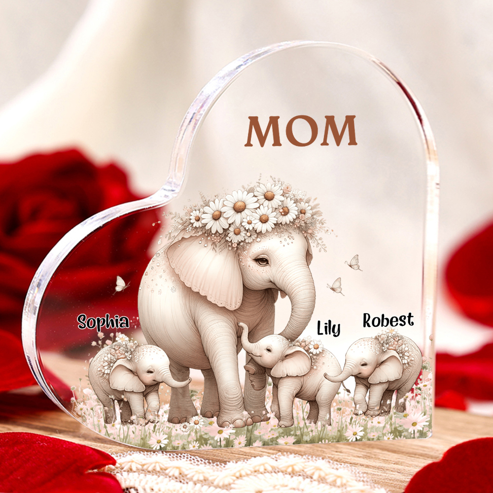 3 Names-Personalized Elephant Acrylic Heart Keepsake Custom Text Acrylic Plaque Ornaments Gifts for Mom