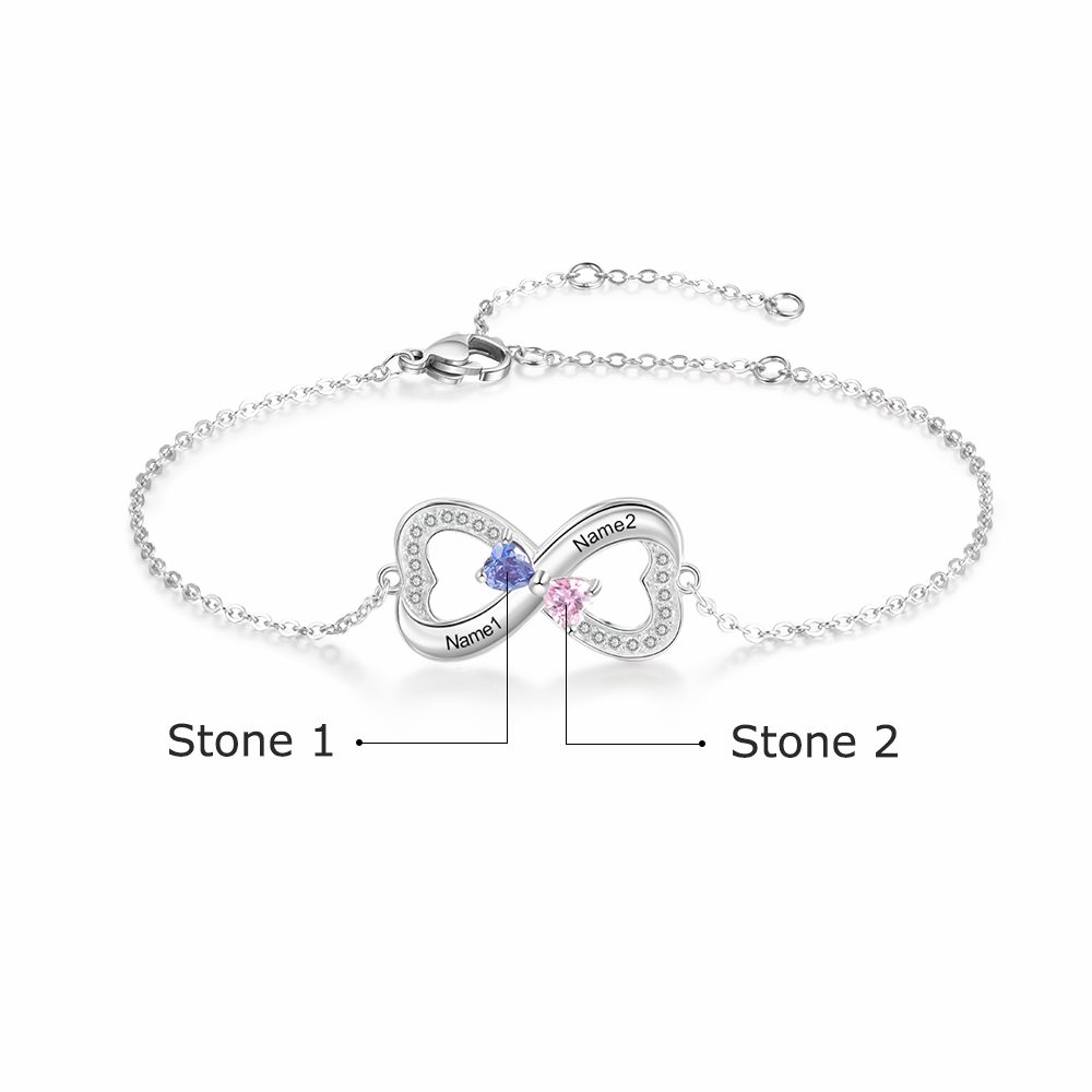 Personalized Bracelet With 2 Heart Birthstones Engraved Names Bracelet Gift For Women