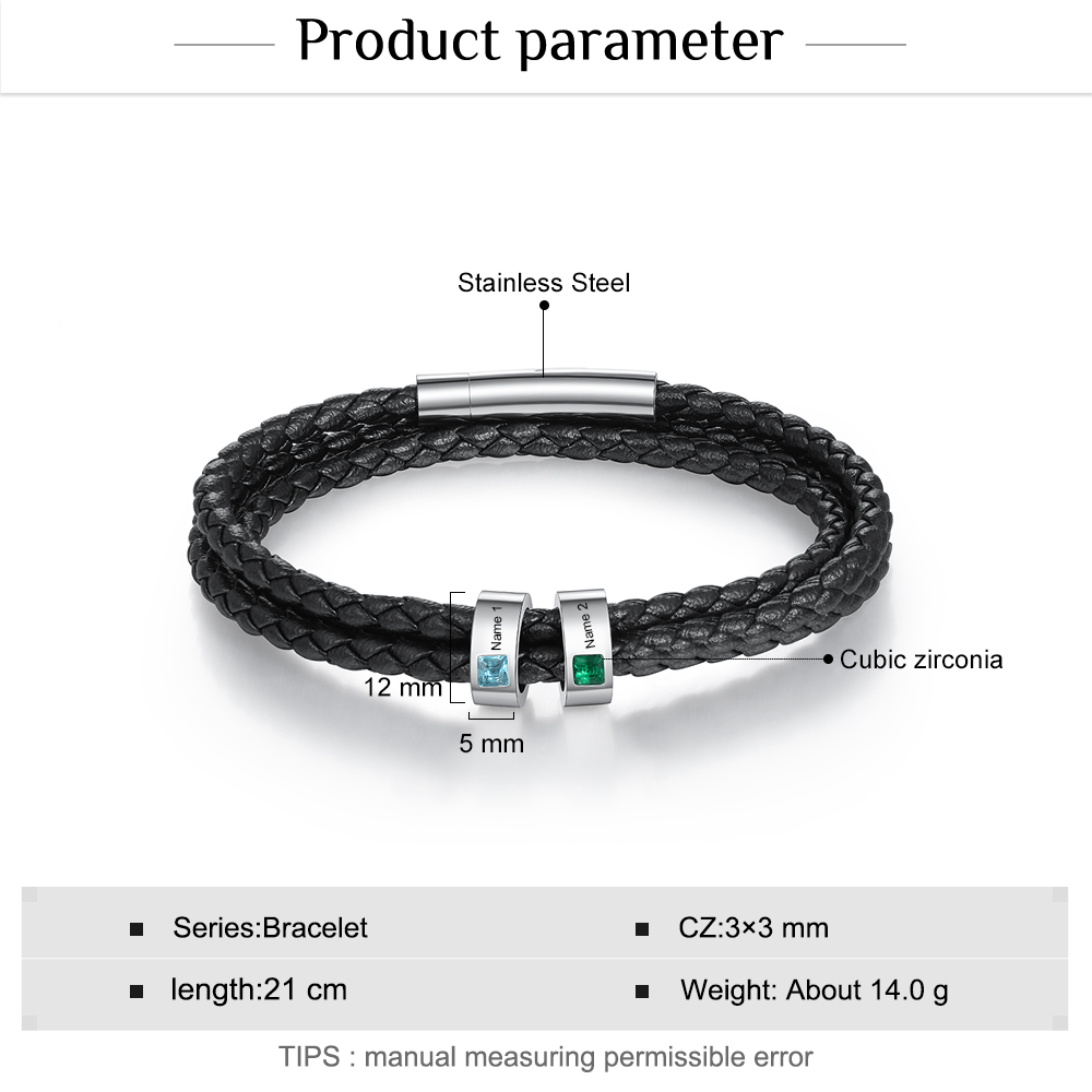 Personalized 3 Layer Leather Bracelet with 2 Beads Engraved Names Men's Bracelets for Him