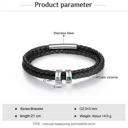 Personalized 3 Layer Leather Bracelet with 2 Beads Engraved Names Men's Bracelets for Him