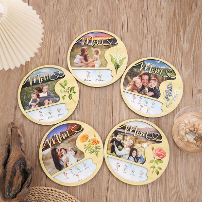 2 Names - Customized Photo Birth Flower Wooden Ornament Decoration for Mom