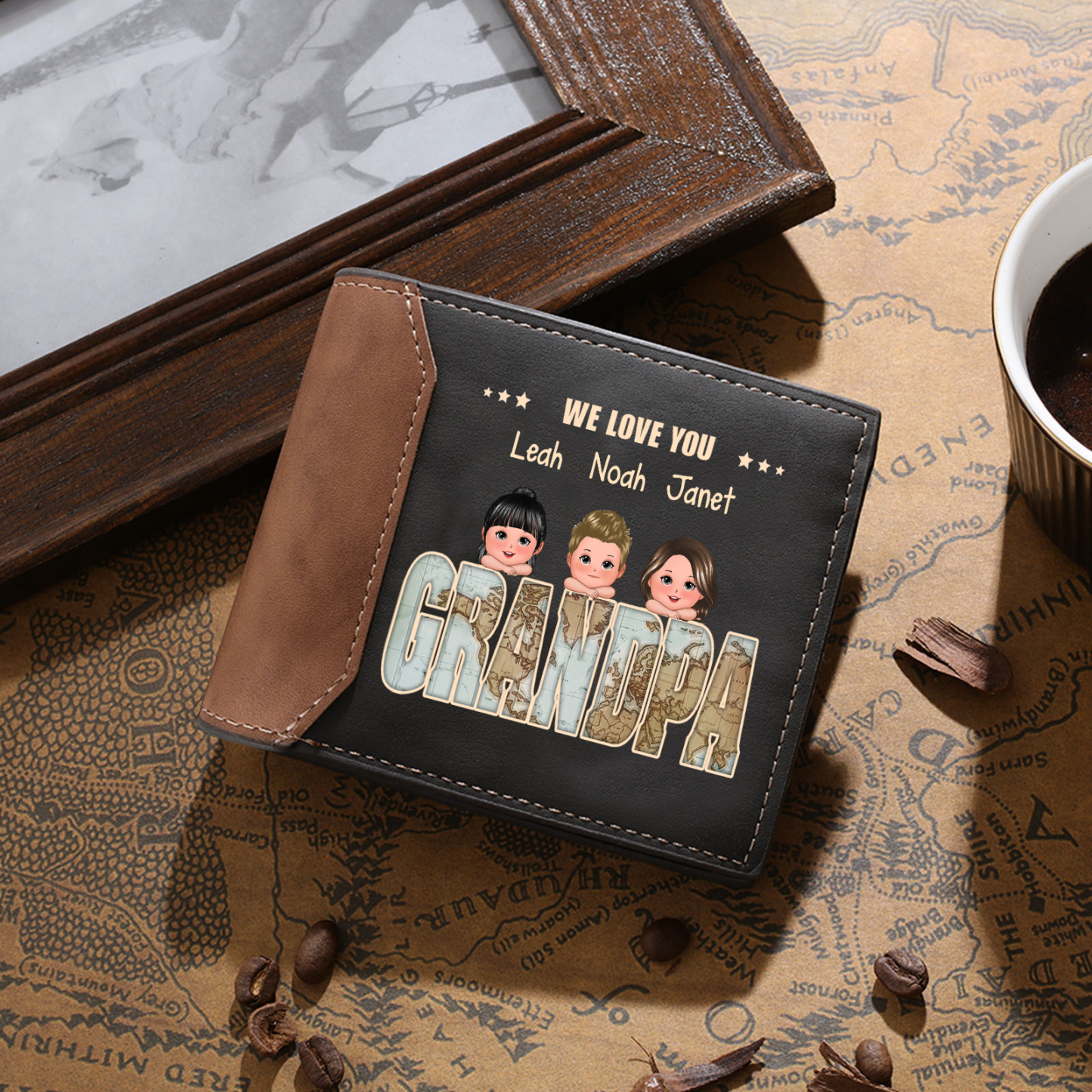 Personalized Family Leather Men's Wallet For Grandpa- Customized in the USA & Ships in 2 Days - With Various Designs Gift For Father's Day | Jessemade