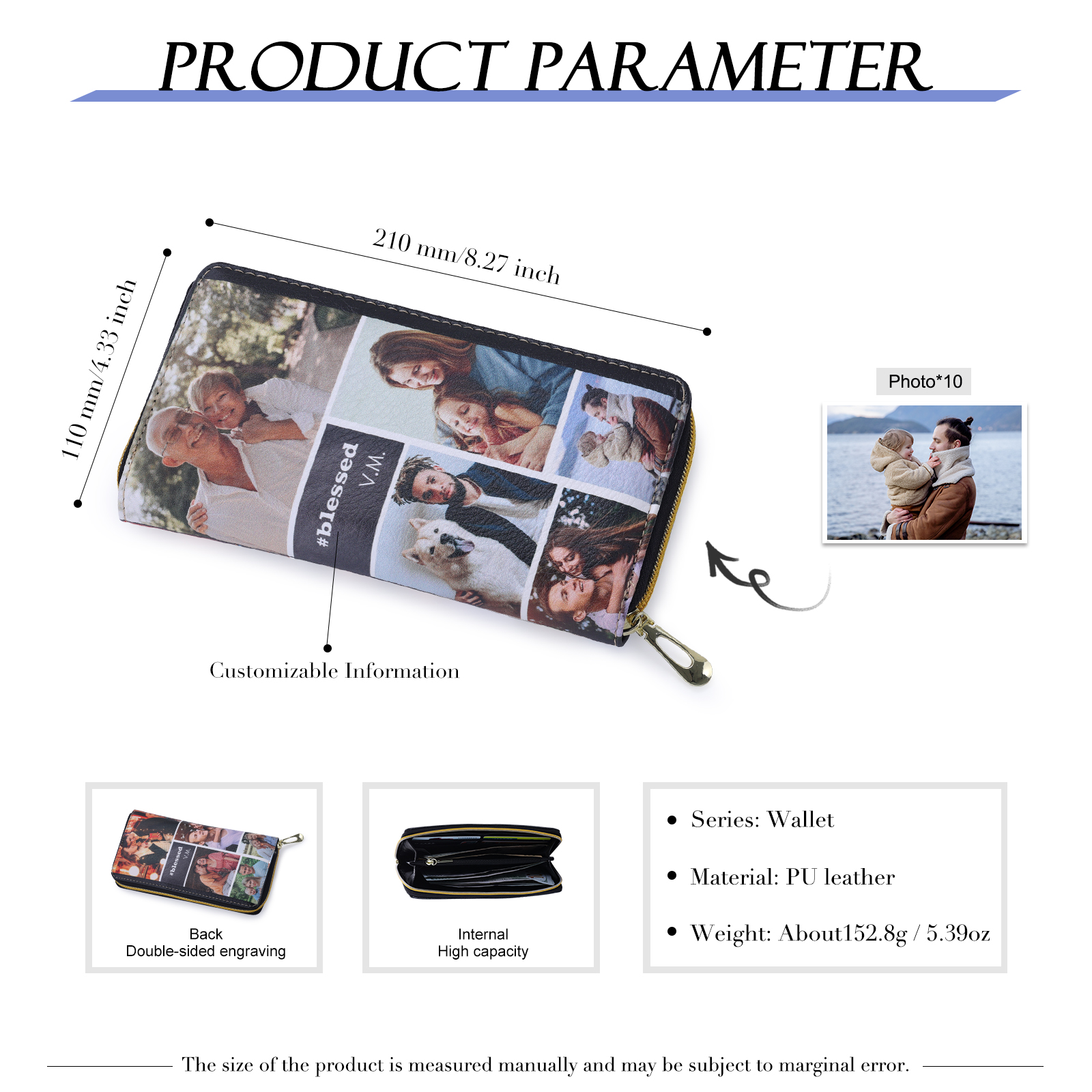 Long Purse Personalized Leather Wallet Engraved 10 Photos Zip Wallet Gifts For Women Men | Jessemade