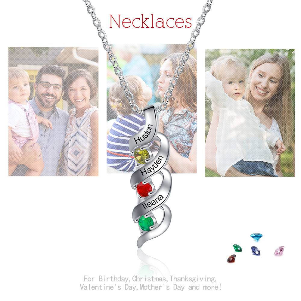 September Birthday Gift Customized Necklace Cascading Pendant with 3 Birthstones Engraving 3 Names Gifts for Her