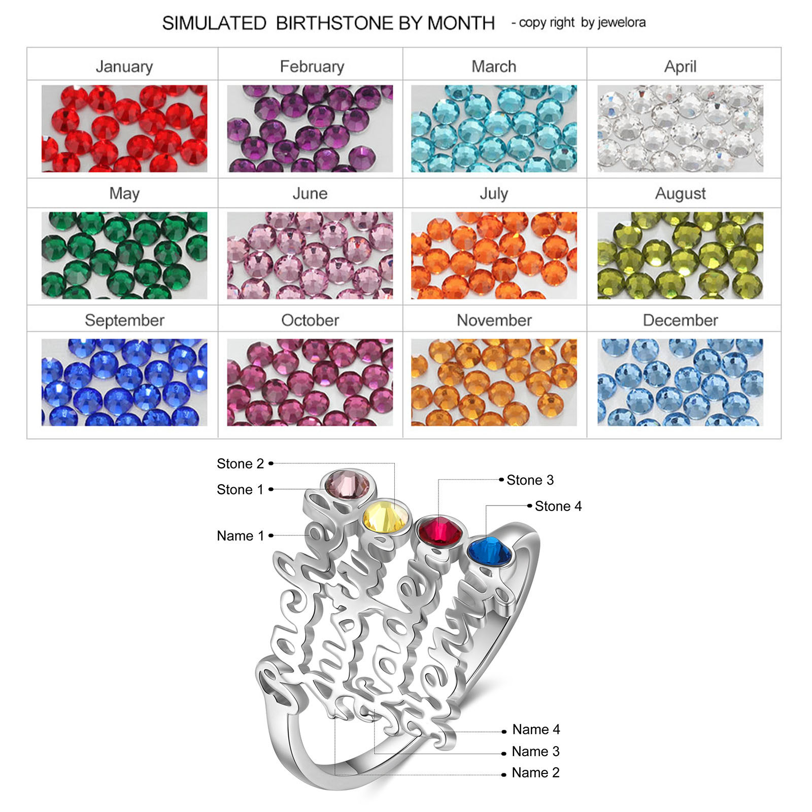 Personalized Birthstone Ring Custom 4 Names Ring Best Gift For Women