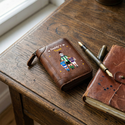 Personalized Genuine Leather Zippered Card Holder Wallet Dad’s Team Custom with 2-6 Names