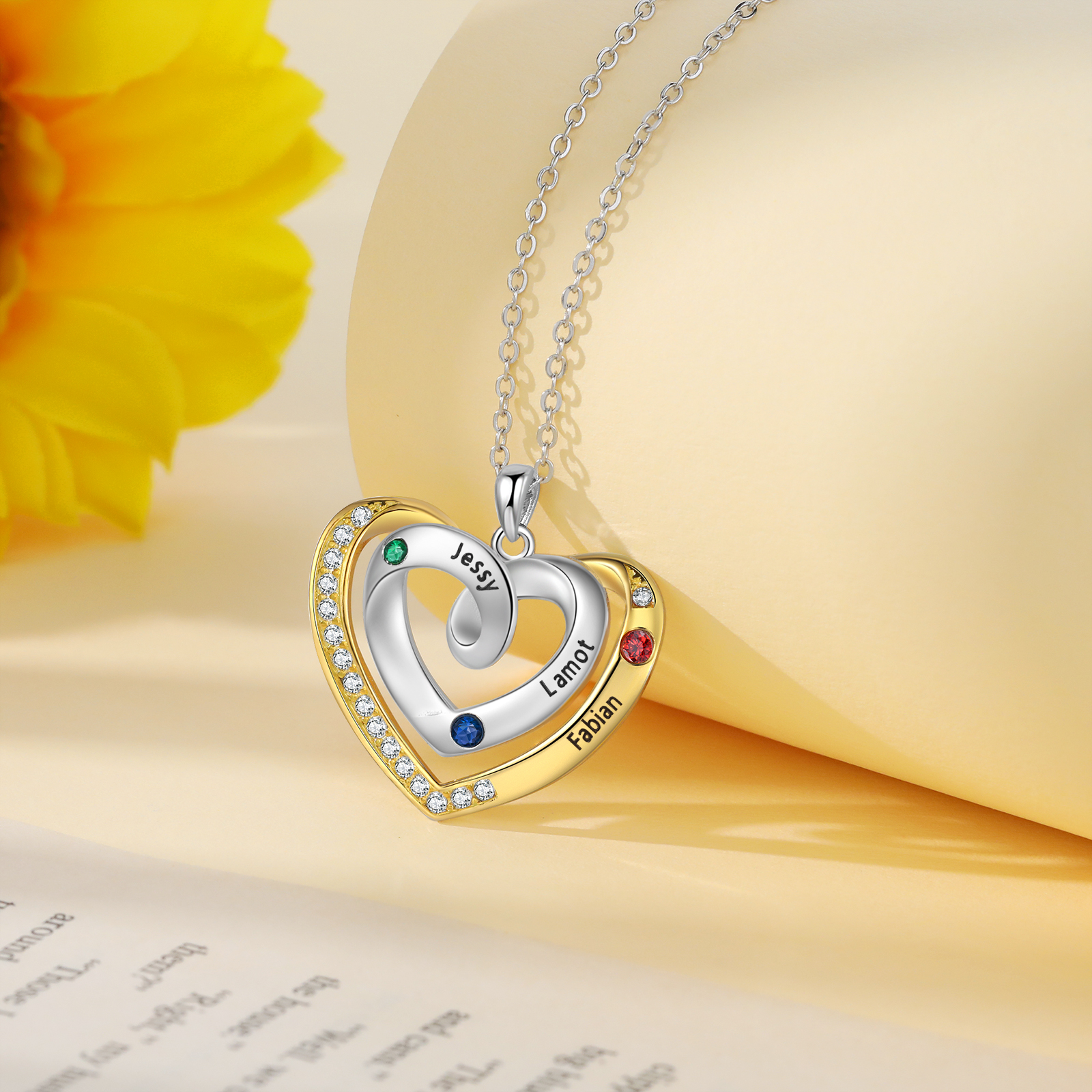 3 Names - Personalized Heart Necklace with Customized Names and Birthstone, A Perfect and Exquisite Gift for Her