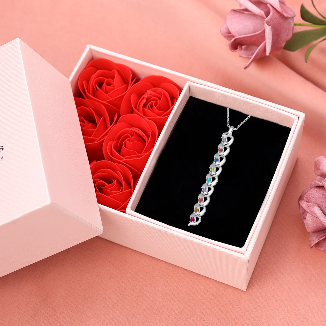 Personalized Birthstones Necklace Set With Rose Gift Box-Custom Cascading Pendant Necklace Engraving 1-10 Names Gifts for Her | Jessemade