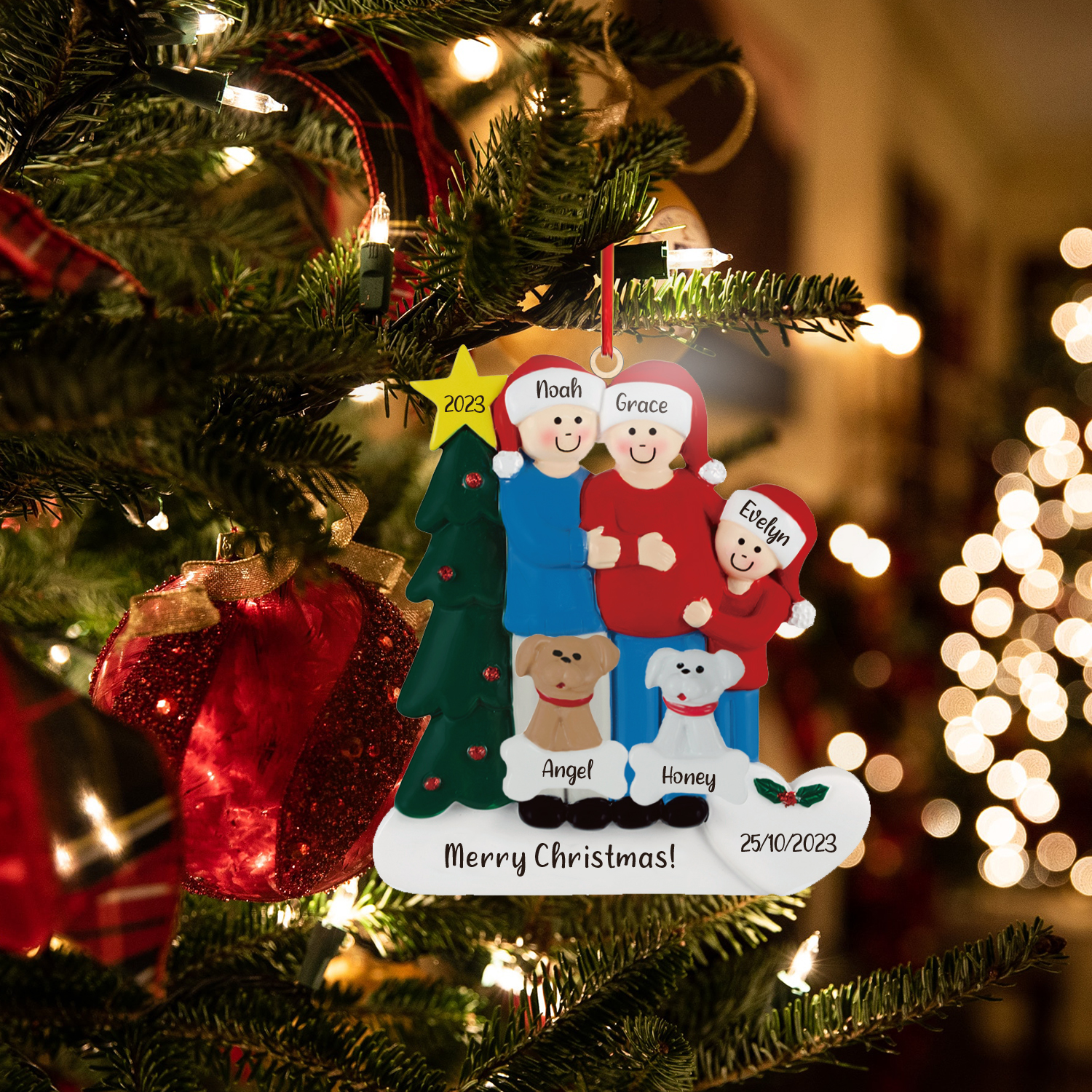 5 Names-Personalized Family Wooden Christmas Xmas Tree Decoration Ornament-Custom 5 Names And Dates Hanging Ornament Gifts For Family