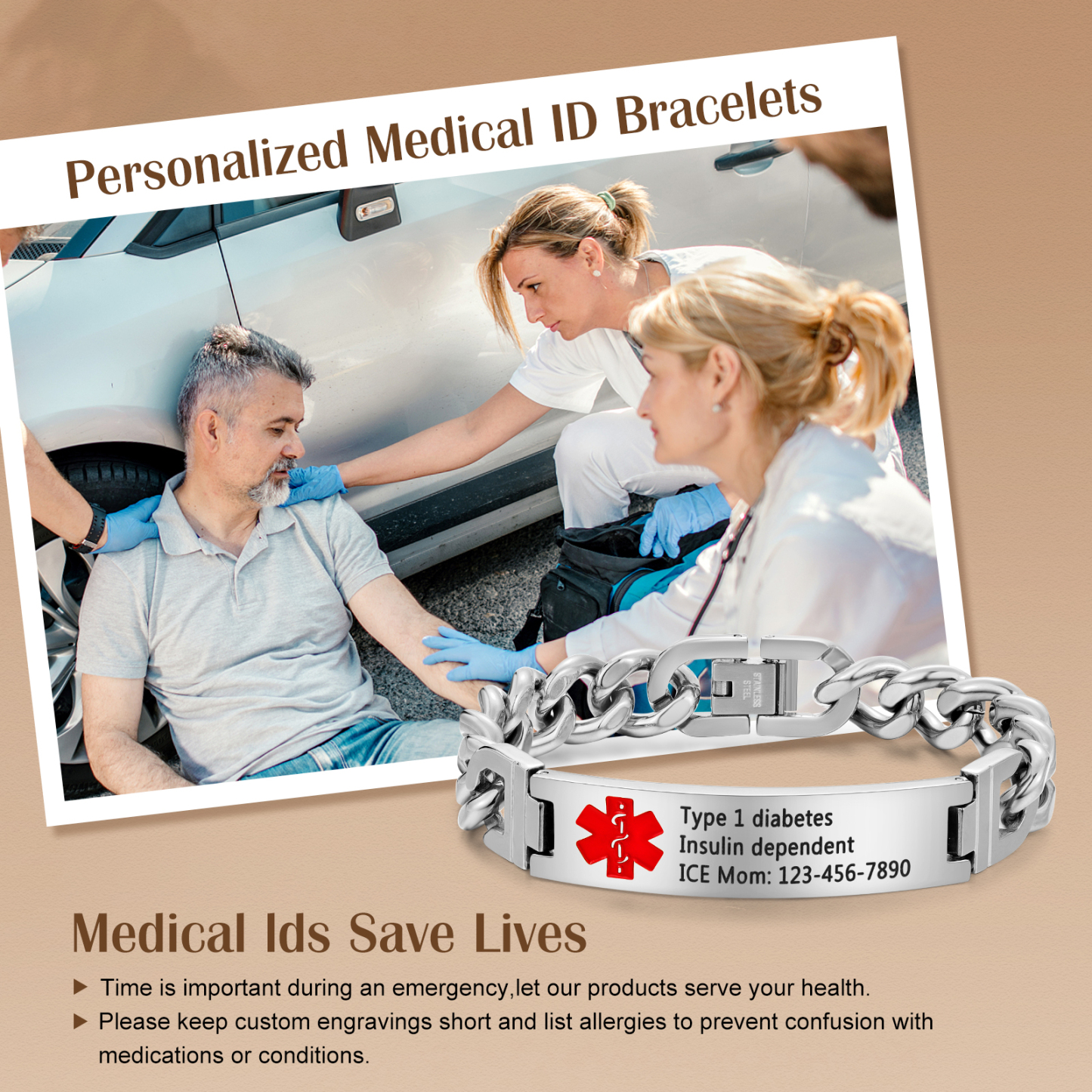 Custom Medical Alert ID Bracelet Practical Gift - Customized in the USA & Ships in 2 Days - for Dad, Mom, Grandpa, Grandma, Friend | Jessemade