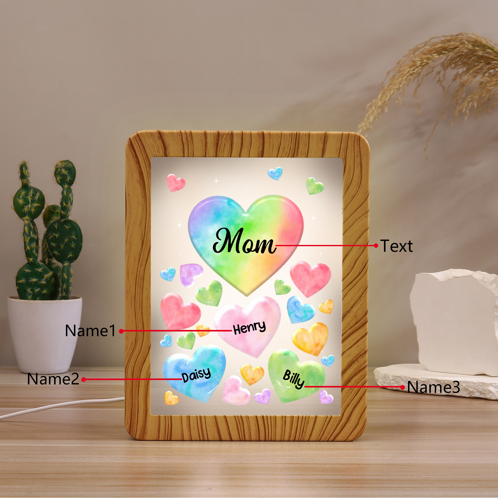3 Names - Personalized Mom Home Wood Color Plug-in Mirror Photo Frame Custom Text LED Night Light Gift for Mom