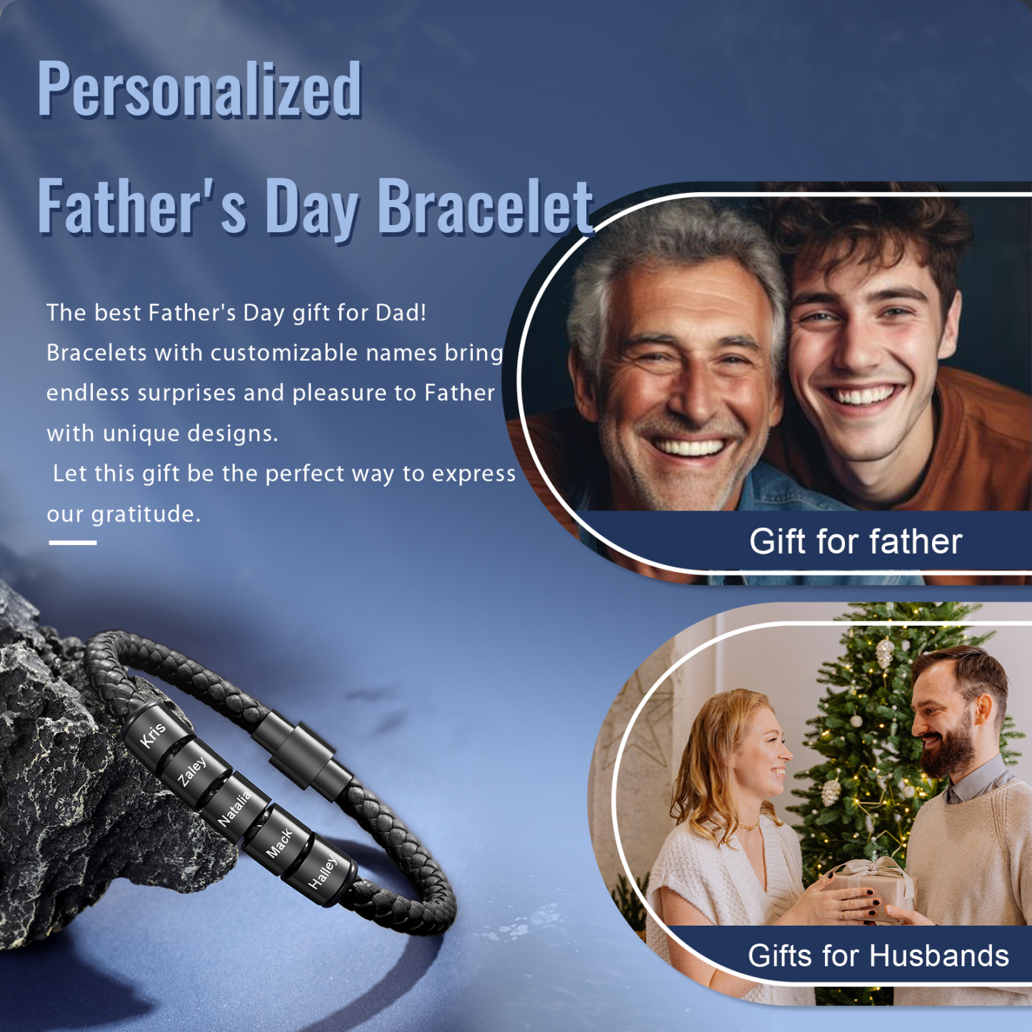 Personalized Men's Bead Bracelet with Custom 5 Names Personalized Gift for Him | Jessmade 