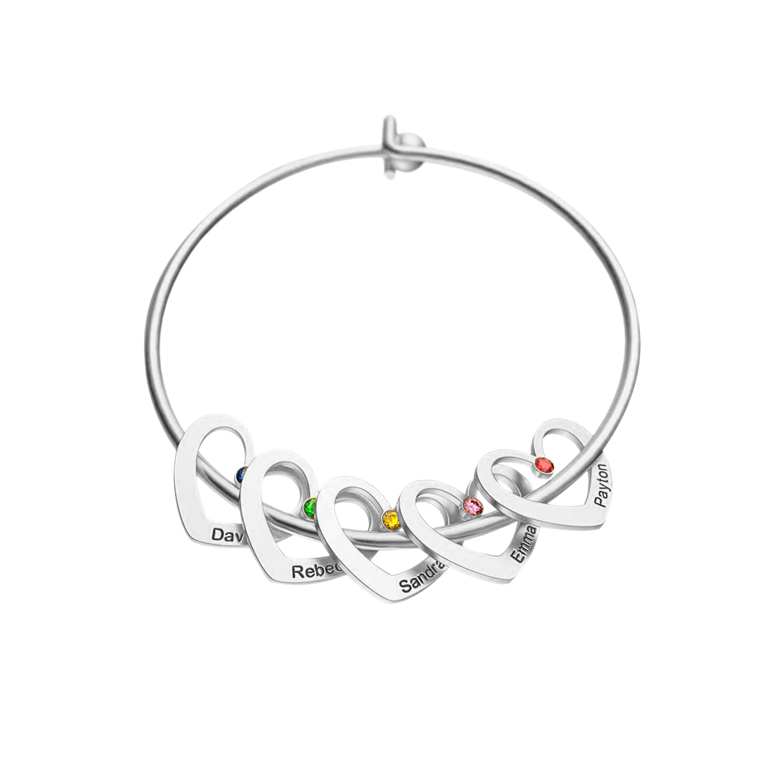 2 Names-Personalized Heart Bangle With 2 Names and Birthstones Bangle Bracelet Gifts For women