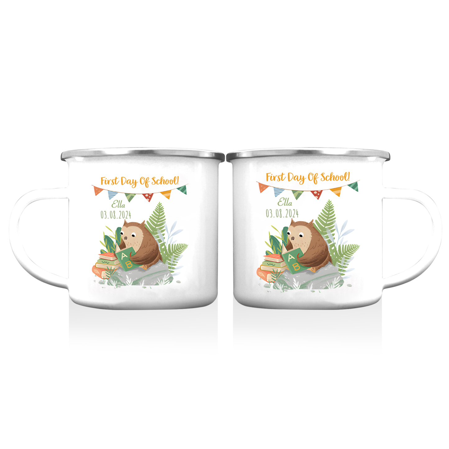 Personalized Name And Date Enamel Mug Children'S Owl Pattern Back To School Gift For Kid