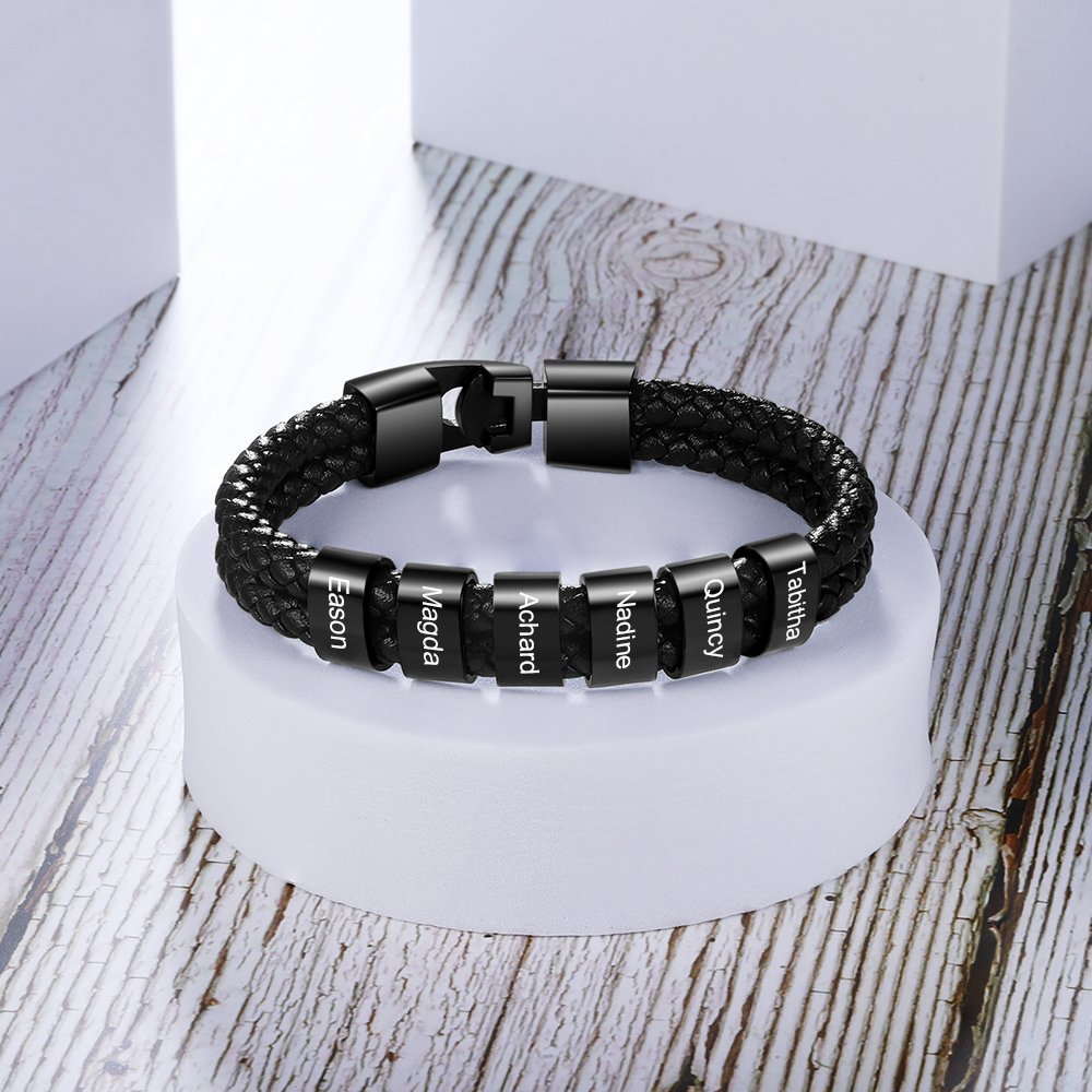 Personalized Braided Leather Bracelet Engraved 1 Name Men's Bracelet Gifts For Him