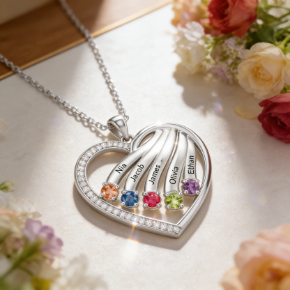 Personalized Heart Name Necklace Custom With Birthstones Engraved 4–6 Children’s Names