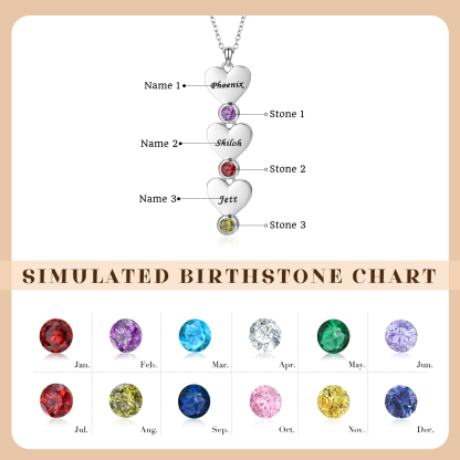 Personalized Necklace With Vertical Hearts Pendant Custom with 1-5 Names And Birthstones Gift For Mom