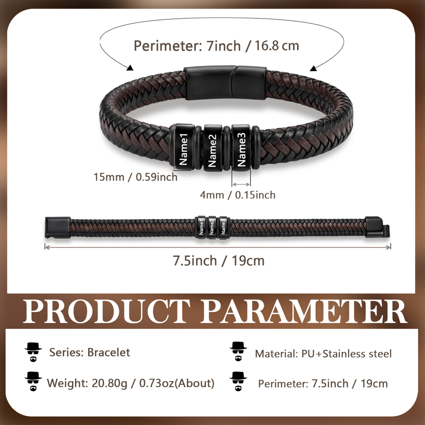 Personalized Leather Braided Bracelet Custom with 2-6 Name Beads