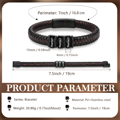 Personalized Leather Braided Bracelet Custom with 2-6 Name Beads