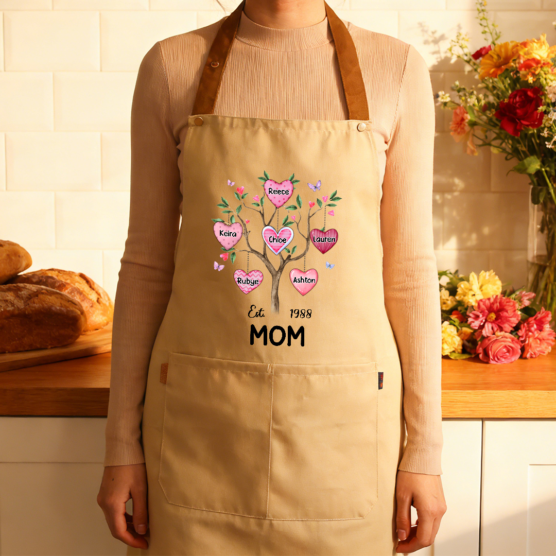 Personalized Mom Family Tree Apron with Pocket Customized with 2–8 Names