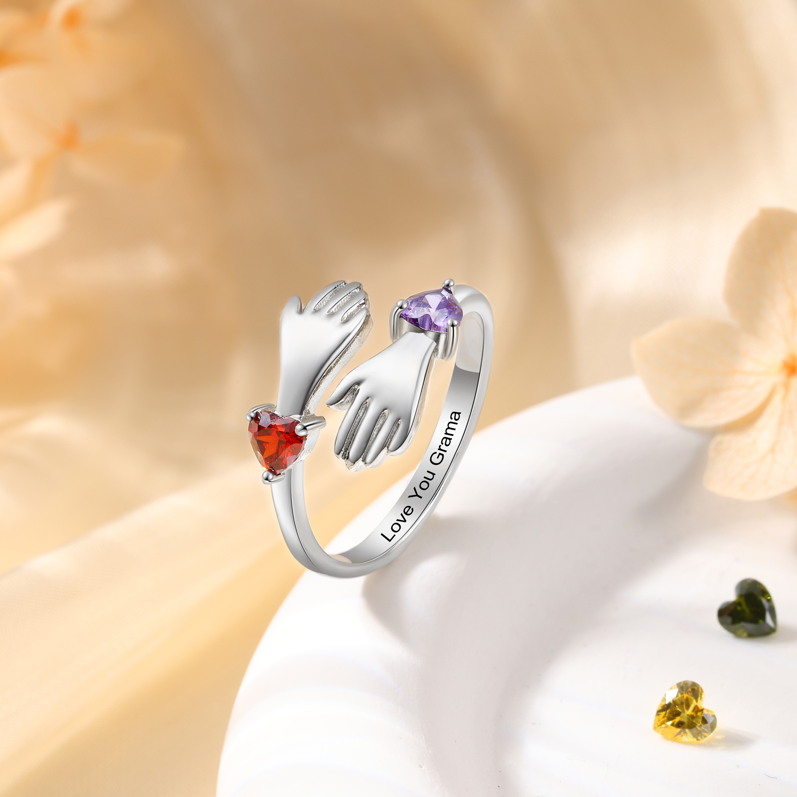 Personalized Hug Hands Ring with Heart Birthstones