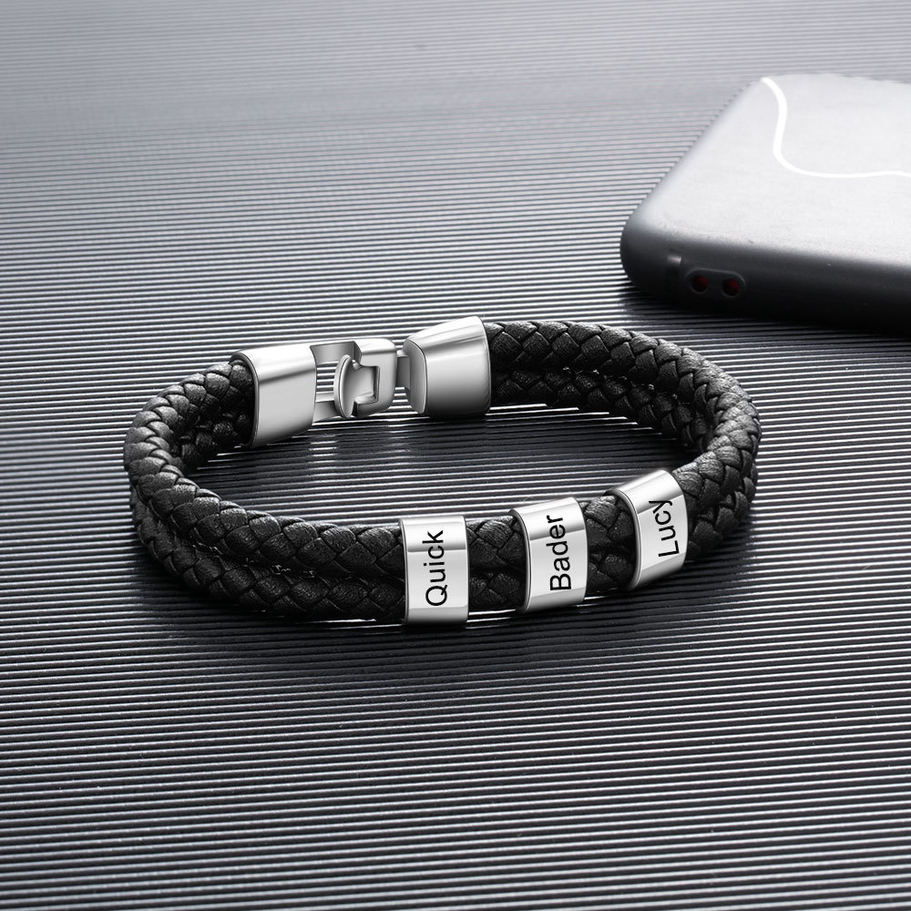 3 Names Personalized Braided Leather Bracelet Engraving Men's Bracelet Gift for Dad