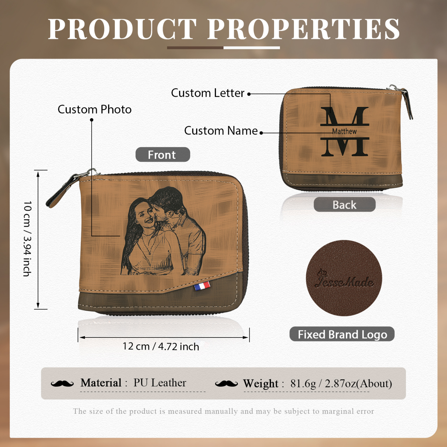 Personalized Name Leather Men's Zipper Wallet With Card Slot Engraved Letter And Photo Gift For Him