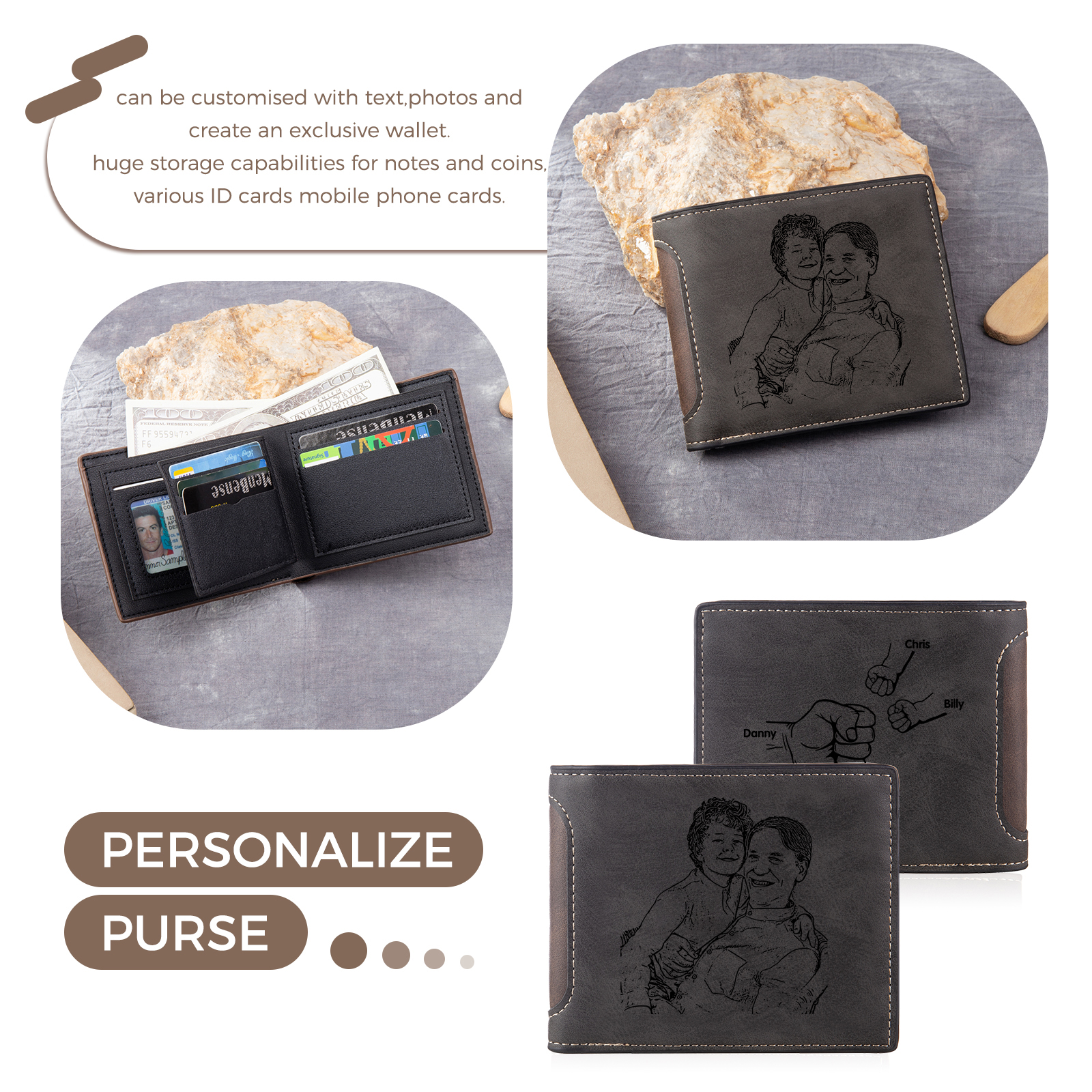 3 Names - Personalized Photo Custom Leather Men's Folding Wallet as a Father's Day Gift for Dad