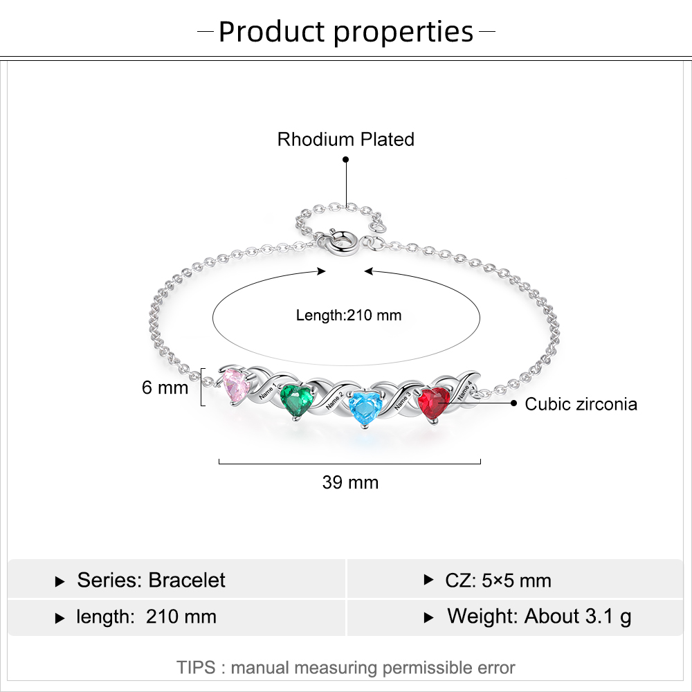 Personalized Heart Bracelet Customized With 4 Names and 4 Birthstones Family Bracelet Gift for Grandma | Jeesmade