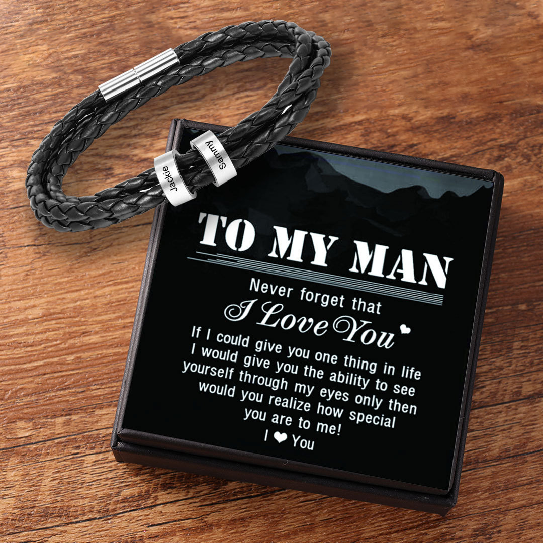 Leather Braided Bracelet Men Bracelets Personalized 1 Name 1 Bead Gift For Dad