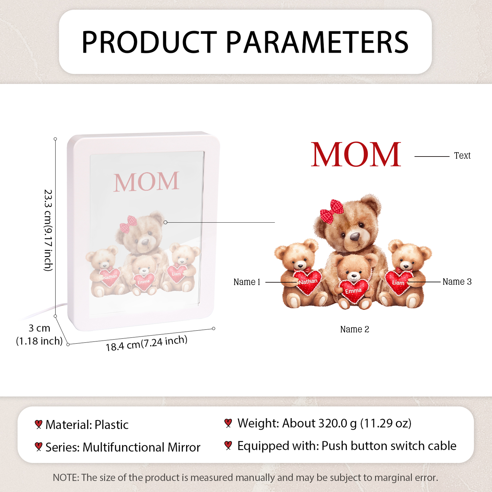 3 Names - Personalized Mom Home Bear Style Custom Text LED Night Light Gift for Mom