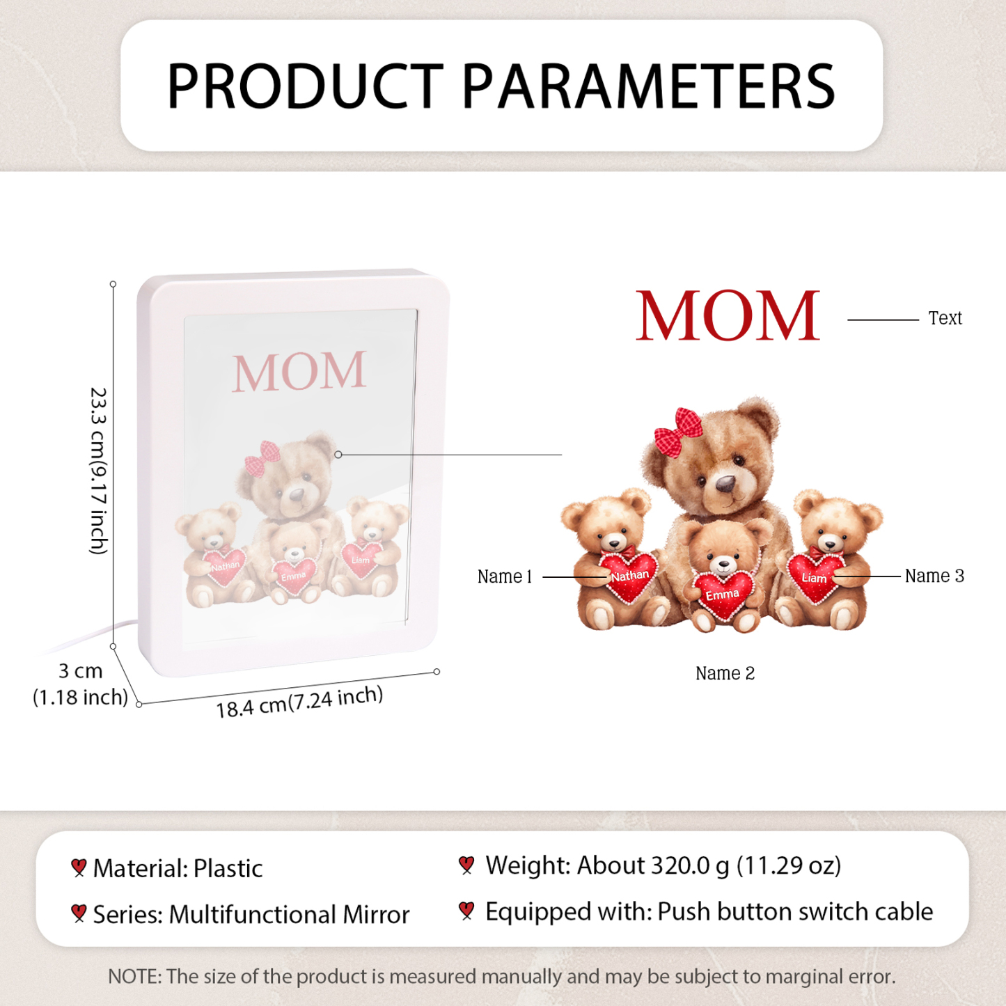 3 Names - Personalized Mom Home Bear Style Custom Text LED Night Light Gift for Mom