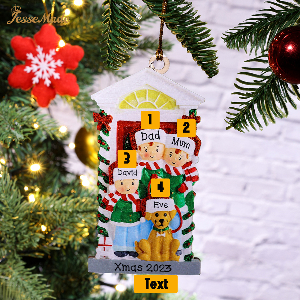 3 Names+Dog Name-Personalized Family Christmas Xmas Tree Decoration Hanging Wooden Ornament with Name-Family with Dog