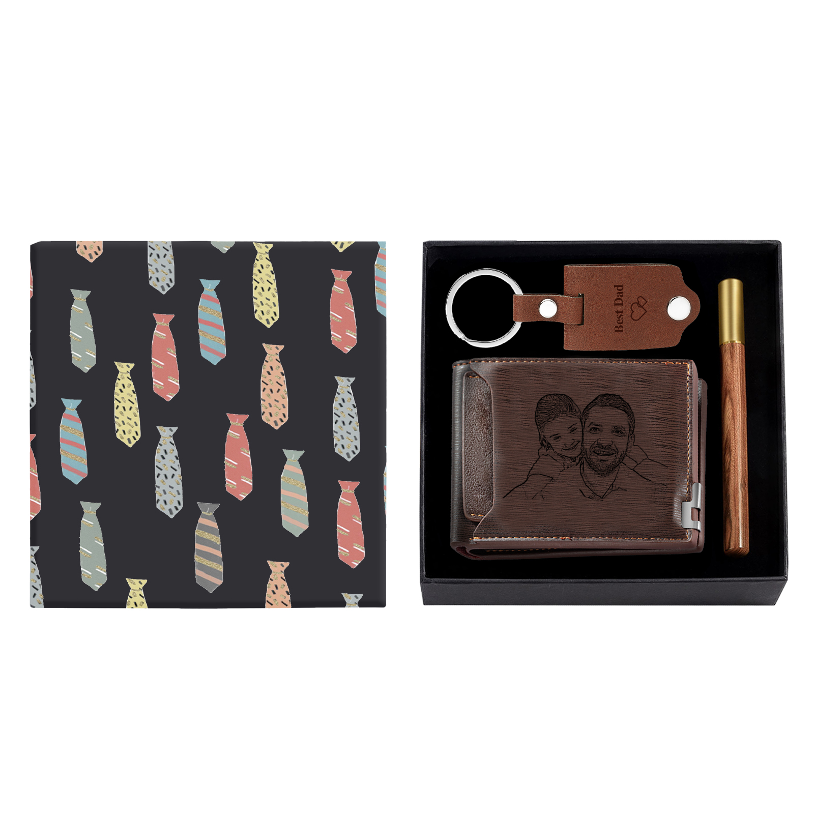 Personalized Leather Wallet Gift Box Set with Keychain Customizable 2 Photo and 3 Text Wallet Gift for Him
