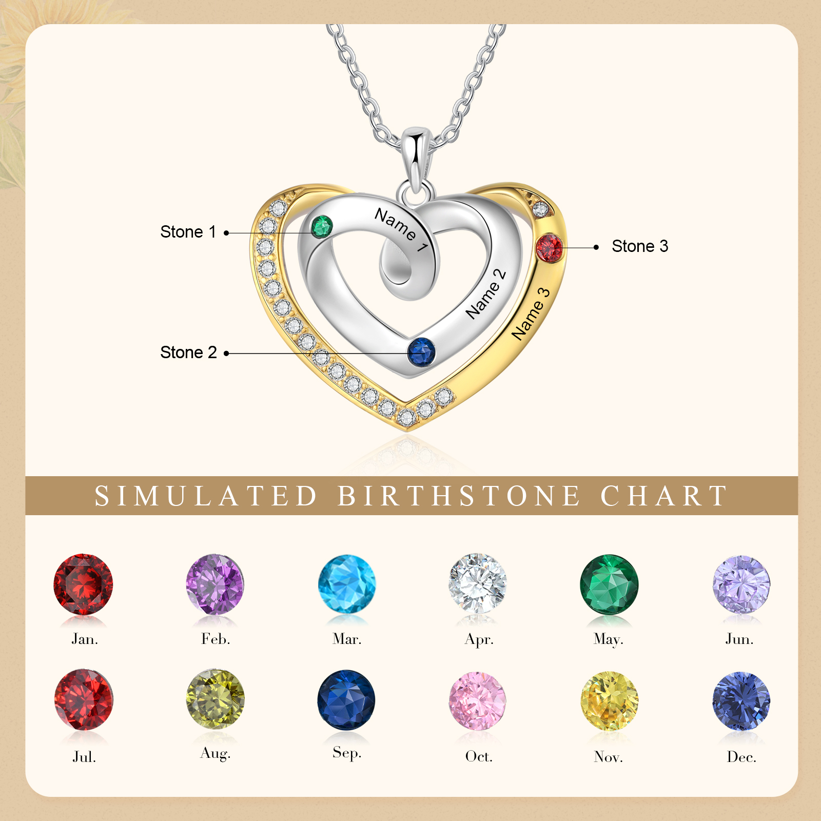 3 Names - Personalized Heart Necklace with Customized Names and Birthstone, A Perfect and Exquisite Gift for Her